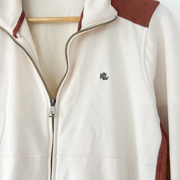 Lauren Ralph Lauren Cream Zip Active Jacket Rust Brown Trim Size Large - Picture 3 of 9